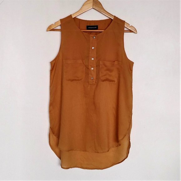 Mustard Khaki sleeveless button down high low blouse by Cottonworld